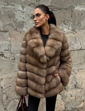 Полушубок из меха куницы пастель английский воротник