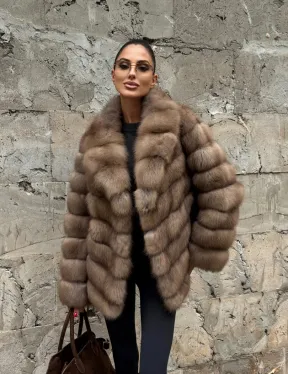 Полушубок из меха куницы пастель английский воротник