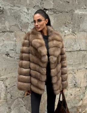 Полушубок из меха куницы пастель английский воротник