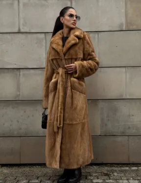 Шуба - халат maxi из меха норки Caramel с накладными карманами