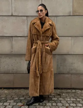 Шуба - халат maxi из меха норки Caramel с накладными карманами