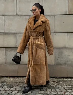Шуба - халат maxi из меха норки Caramel с накладными карманами
