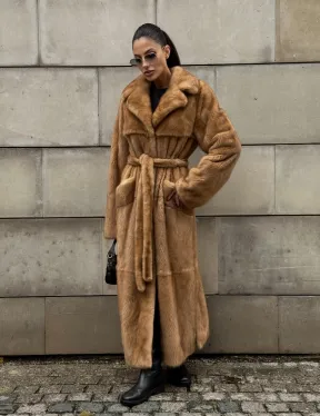 Шуба - халат maxi из меха норки Caramel с накладными карманами