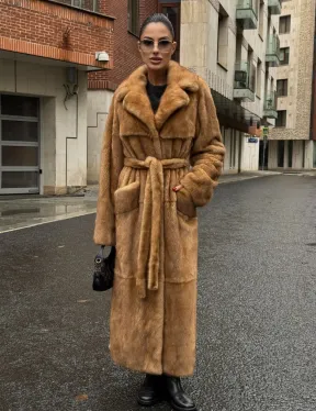 Шуба - халат maxi из меха норки Caramel с накладными карманами