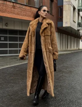 Шуба - халат maxi из меха норки Caramel с накладными карманами