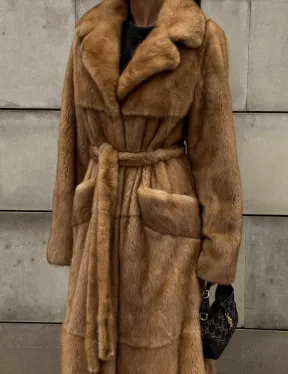 Шуба - халат maxi из меха норки Caramel с накладными карманами