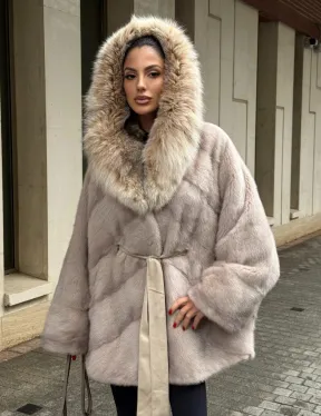 Шуба норковая кимоно с капюшоном из меха рыси, летучая мышь