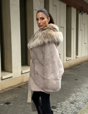 Шуба норковая кимоно с капюшоном из меха рыси, летучая мышь