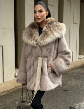 Шуба норковая кимоно с капюшоном из меха рыси, летучая мышь