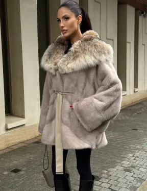 Шуба норковая кимоно с капюшоном из меха рыси, летучая мышь