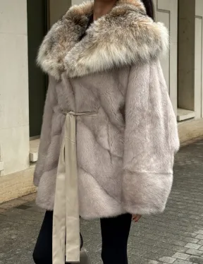 Шуба норковая кимоно с капюшоном из меха рыси, летучая мышь