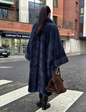 Норковая шуба-пальто в цвете джинс, стиль  “Бохо“ — батальный размер