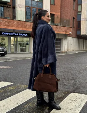 Норковая шуба-пальто в цвете джинс, стиль  “Бохо“ — батальный размер