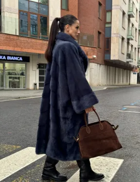 Норковая шуба-пальто в цвете джинс, стиль  “Бохо“ — батальный размер