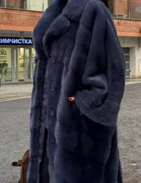 Норковая шуба-пальто в цвете джинс, стиль  “Бохо“ — батальный размер