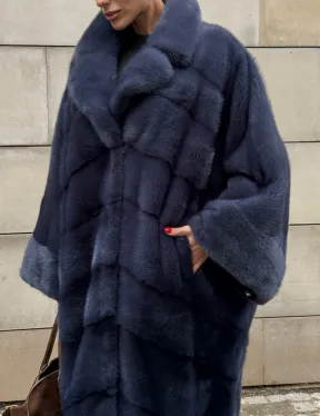 Норковая шуба-пальто в цвете джинс, стиль  “Бохо“ — батальный размер