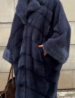 Норковая шуба-пальто в цвете джинс, стиль  “Бохо“ — батальный размер