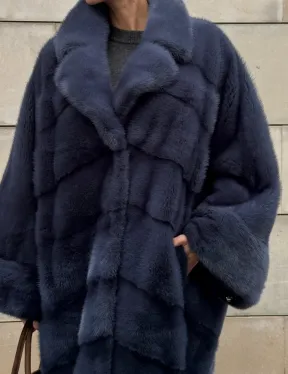 Норковая шуба-пальто в цвете джинс, стиль  “Бохо“ — батальный размер