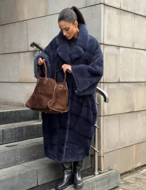 Норковая шуба-пальто в цвете джинс, стиль  “Бохо“ — батальный размер