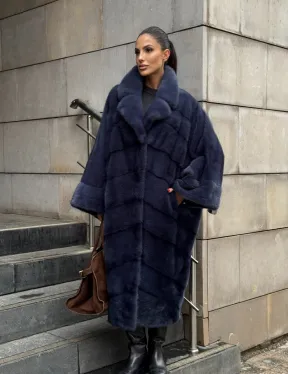 Норковая шуба-пальто в цвете джинс, стиль  “Бохо“ — батальный размер