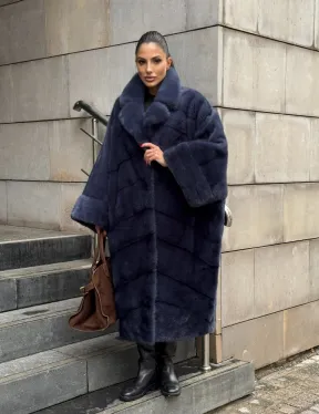 Норковая шуба-пальто в цвете джинс, стиль  “Бохо“ — батальный размер