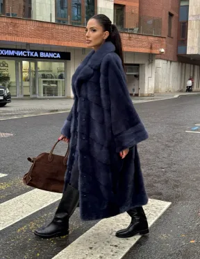 Норковая шуба-пальто в цвете джинс, стиль  “Бохо“ — батальный размер