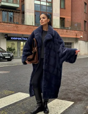 Норковая шуба-пальто в цвете джинс, стиль  “Бохо“ — батальный размер