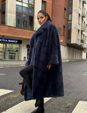 Норковая шуба-пальто в цвете джинс, стиль  “Бохо“ — батальный размер