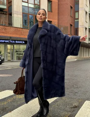 Норковая шуба-пальто в цвете джинс, стиль  “Бохо“ — батальный размер