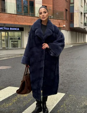 Норковая шуба-пальто в цвете джинс, стиль  “Бохо“ — батальный размер