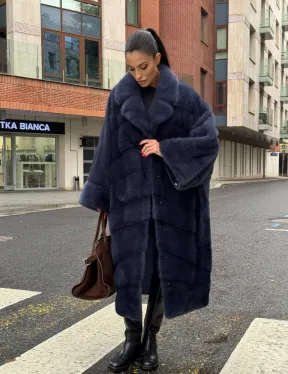 Норковая шуба-пальто в цвете джинс, стиль  “Бохо“ — батальный размер