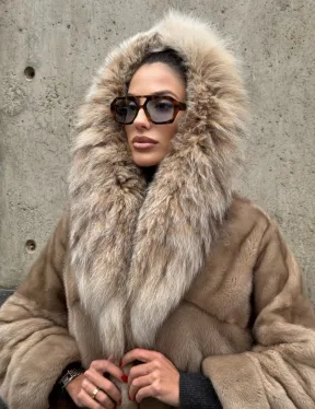 Длинная шуба кимоно из норки Pastel с капюшоном из меха рыси