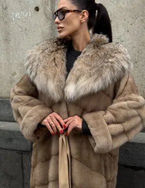 Длинная шуба кимоно из норки Pastel с капюшоном из меха рыси