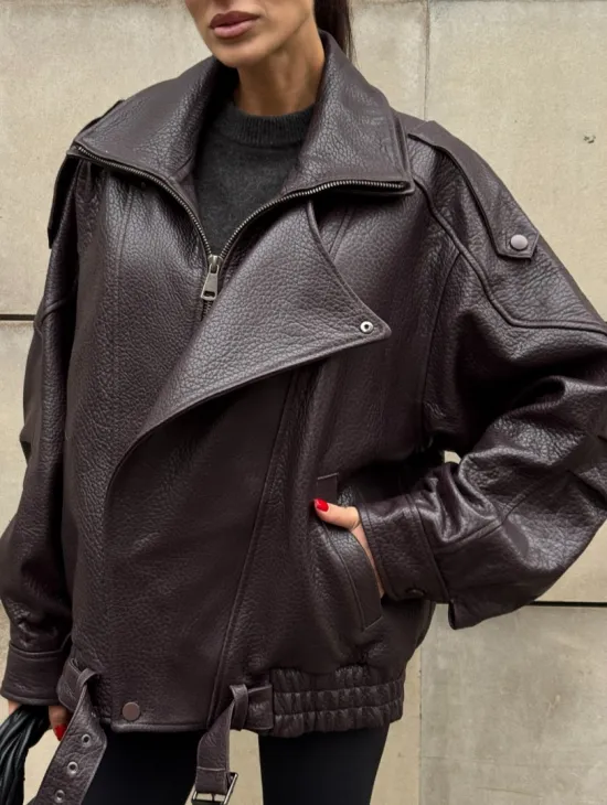 Стильная женская куртка из натуральной зернистой кожи COLLECTION DARK BURGUNDY