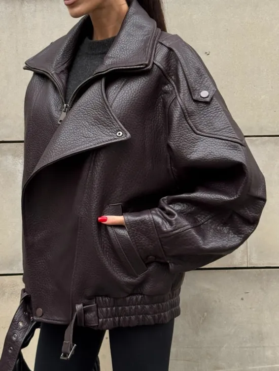 Стильная женская куртка из натуральной зернистой кожи COLLECTION DARK BURGUNDY