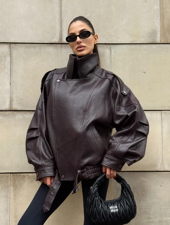 Стильная женская куртка из натуральной зернистой кожи COLLECTION DARK BURGUNDY