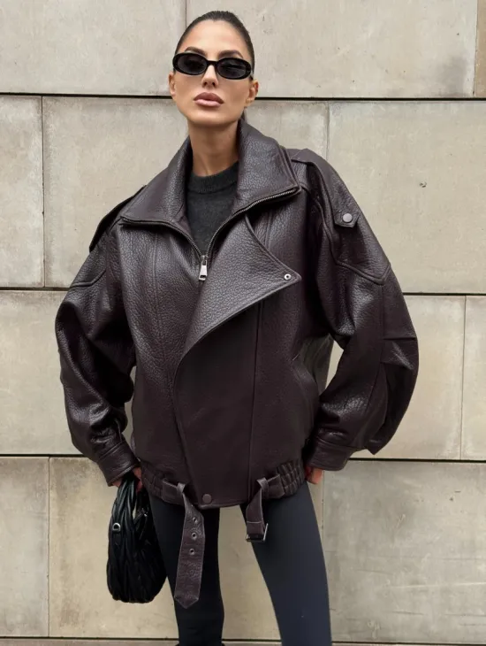 Стильная женская куртка из натуральной зернистой кожи COLLECTION DARK BURGUNDY