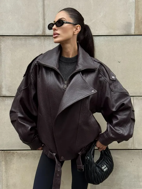 Стильная женская куртка из натуральной зернистой кожи COLLECTION DARK BURGUNDY