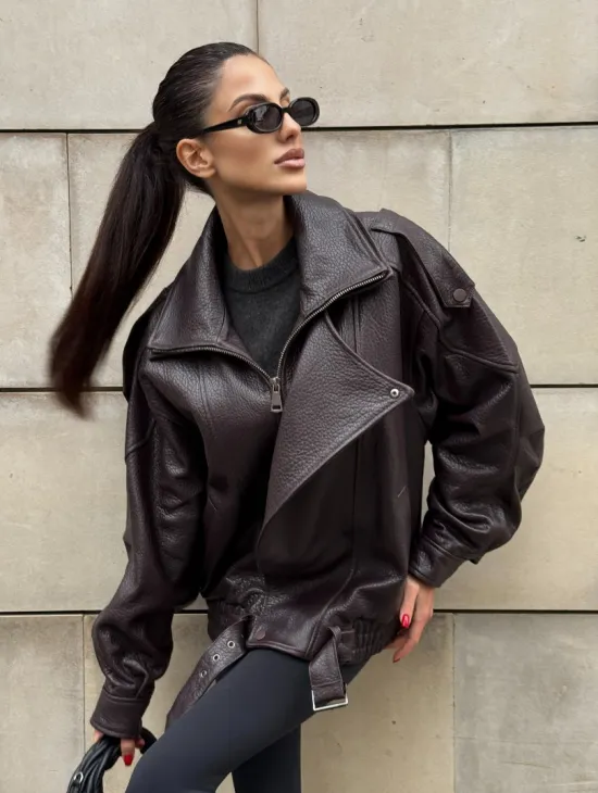 Стильная женская куртка из натуральной зернистой кожи COLLECTION DARK BURGUNDY