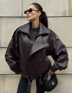 Стильная женская куртка из натуральной зернистой кожи COLLECTION DARK BURGUNDY