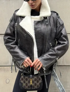 Коротка женская дубленка Vintage Grey из белой овчины мериноса, боковой шнуровкой и накладной пояс