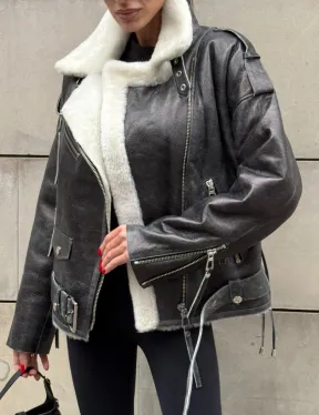 Коротка женская дубленка Vintage Grey из белой овчины мериноса, боковой шнуровкой и накладной пояс