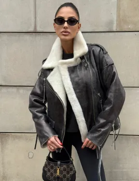 Коротка женская дубленка Vintage Grey из белой овчины мериноса, боковой шнуровкой и накладной пояс