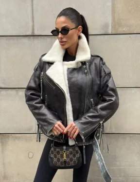 Коротка женская дубленка Vintage Grey из белой овчины мериноса, боковой шнуровкой и накладной пояс