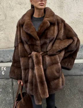 Полушубок из меха норки Brown Velvet, английский воротник фасон - летучая мышь