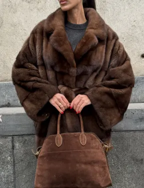 Полушубок из меха норки Brown Velvet, английский воротник фасон - летучая мышь