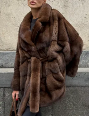 Полушубок из меха норки Brown Velvet, английский воротник фасон - летучая мышь