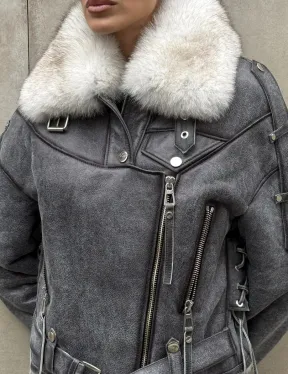 Стильная косуха-дубленка Vintage Grey с воротником из меха песца со шнуровкой на спине