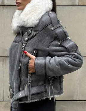 Стильная косуха-дубленка Vintage Grey с воротником из меха песца со шнуровкой на спине