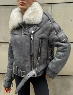 Стильная косуха-дубленка Vintage Grey с воротником из меха песца со шнуровкой на спине